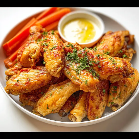 A plate of food with chicken wings and carrots.