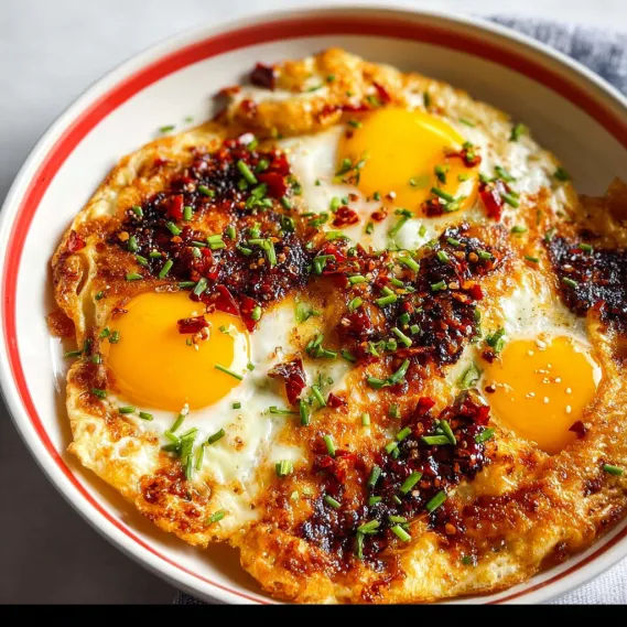 A plate of eggs with red peppers and onions.