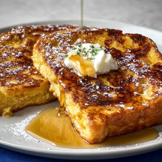 A plate of French toast with syrup.
