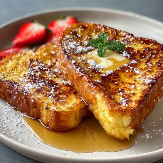 A plate of French toast with strawberries and whipped cream.