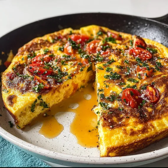A slice of fried egg with tomatoes and herbs.