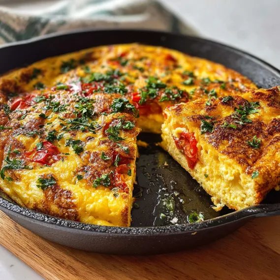 A slice of quiche with green herbs on top.