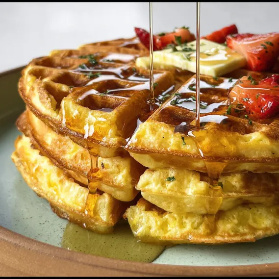A stack of waffles with syrup and strawberries on top.