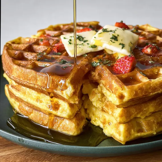 A stack of waffles with butter and strawberries on top.