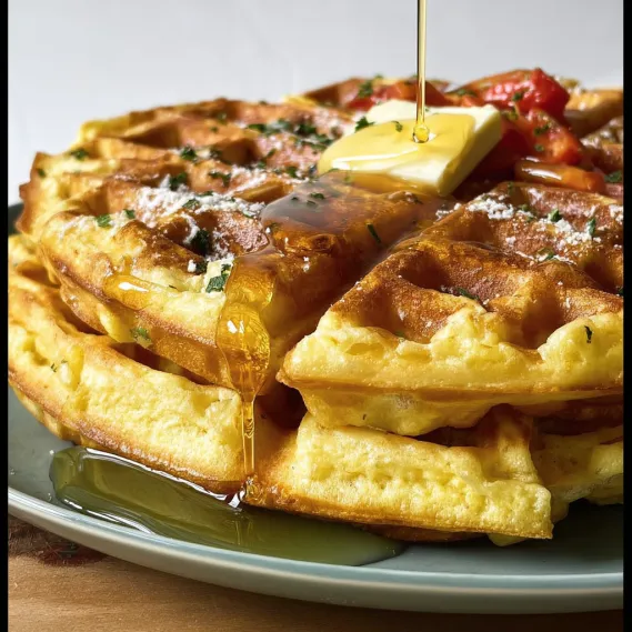 A stack of waffles with butter and syrup.