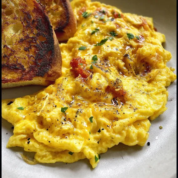 A plate of eggs and toast.