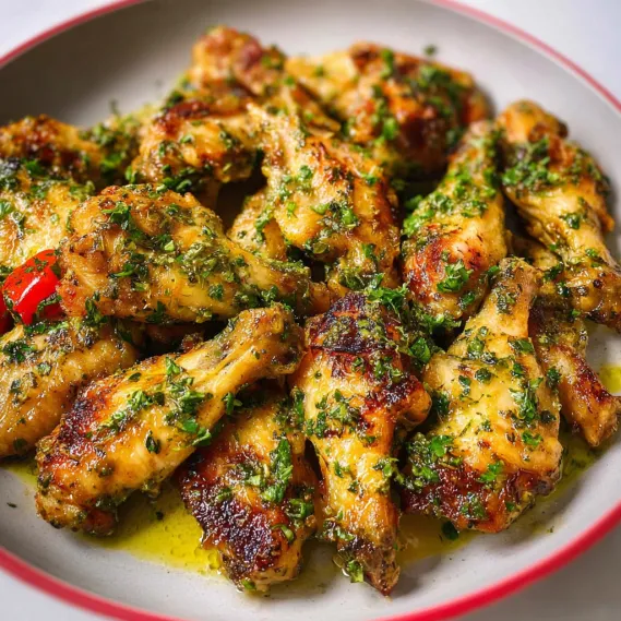 A plate of chicken with herbs and spices.