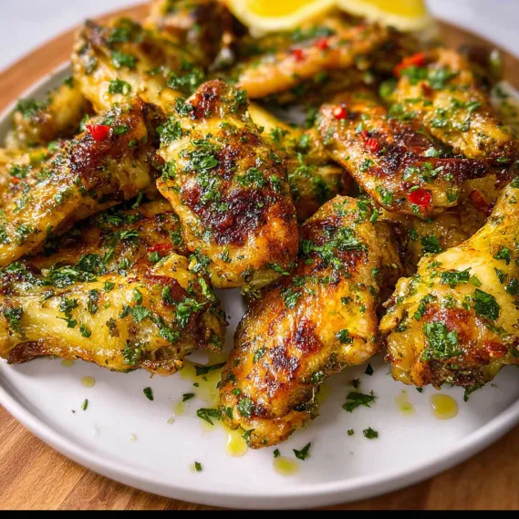 A plate of chicken wings with a lemon wedge on top.