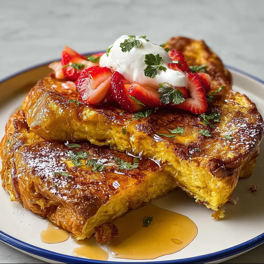 A plate of French toast with strawberries and whipped cream.