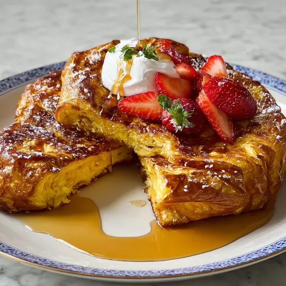A plate of French toast with strawberries and whipped cream.
