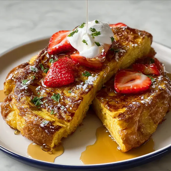 A plate of French toast with strawberries and whipped cream.
