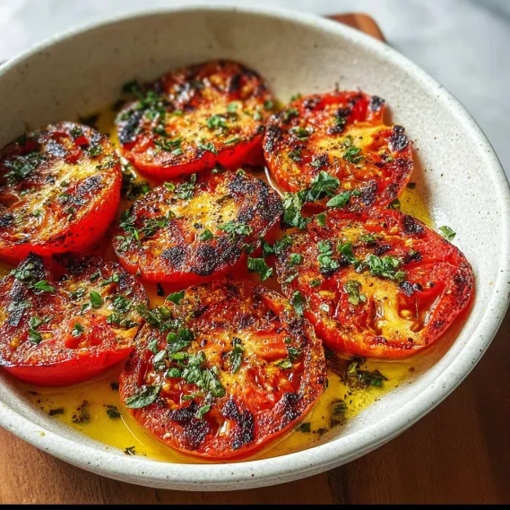 A bowl of tomatoes with herbs on top.