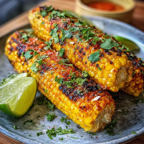 A plate of grilled corn with lime wedges.