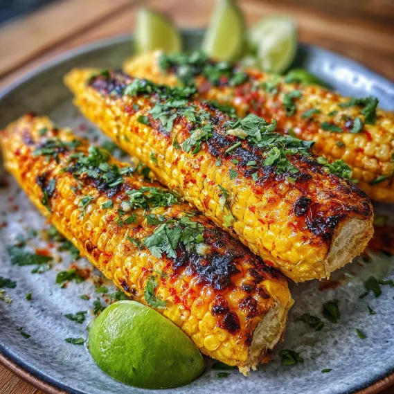 A plate of grilled corn with limes and other vegetables.