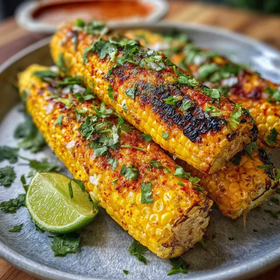 A plate of grilled corn with lime wedges.