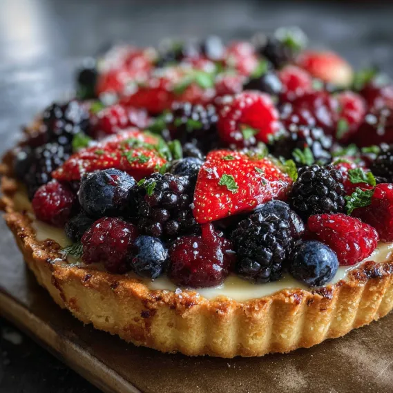 A pie with berries and strawberries.