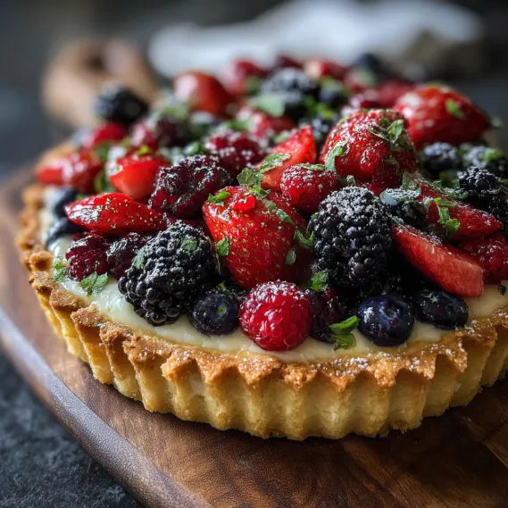 A fruit tart with berries and strawberries.
