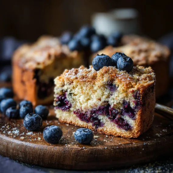 A slice of cake with blueberries on top.
