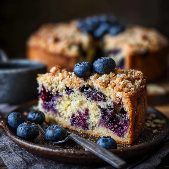 A slice of cake with blueberries on top.