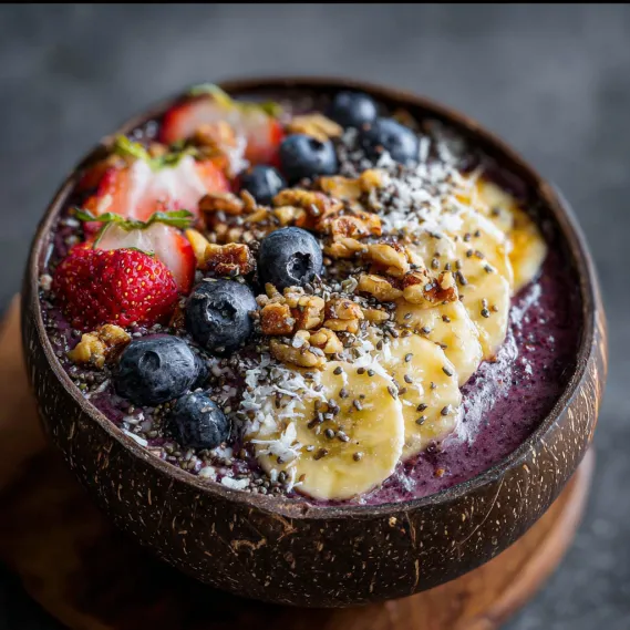A bowl of fruit with strawberries, bananas, and blueberries.