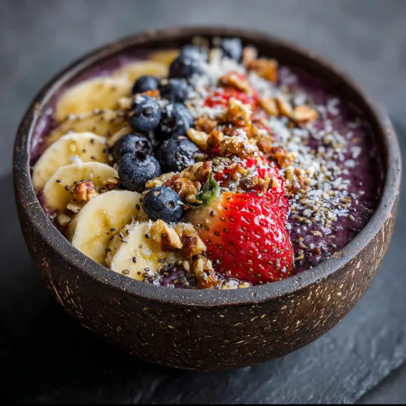 A bowl of fruit with bananas, strawberries, and blueberries.