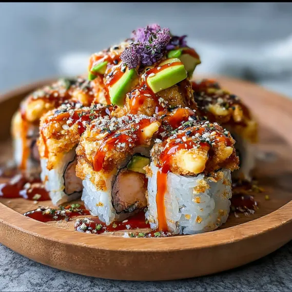 A plate of sushi with a purple flower on top.