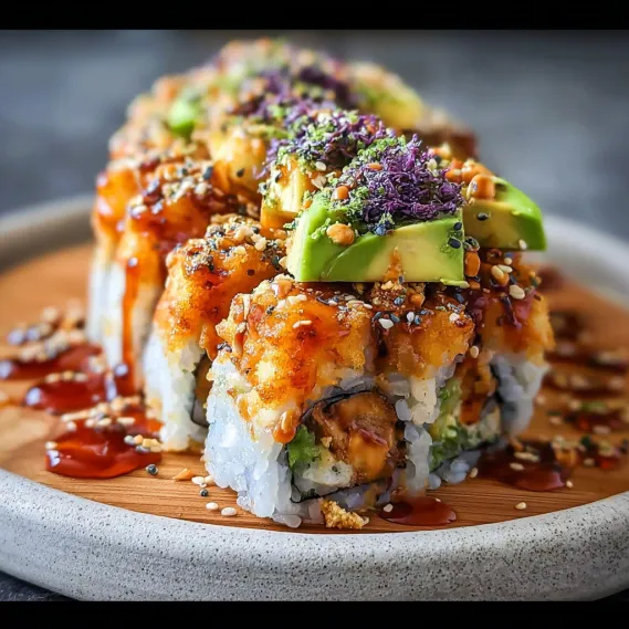 A sushi roll with avocado and purple sauce.