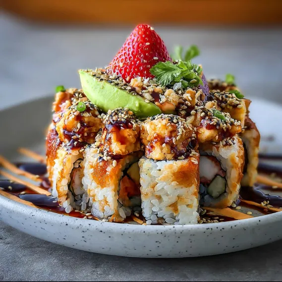 A plate of sushi with a strawberry on top.