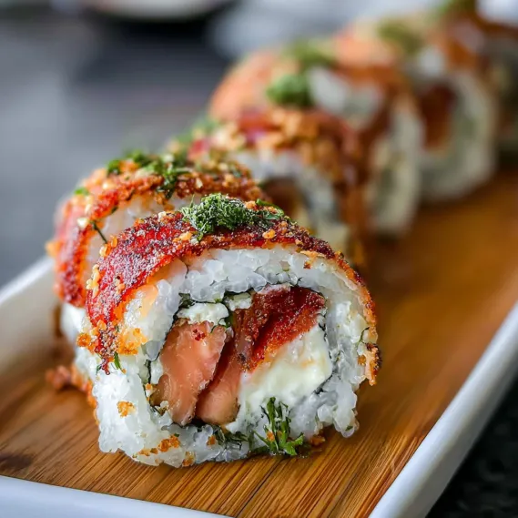 Sushi rolls on a wooden tray.