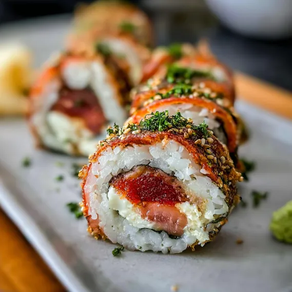 A plate of sushi rolls with rice and seaweed.