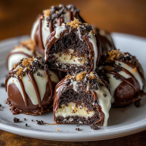 Chocolate and vanilla cake balls on a plate.