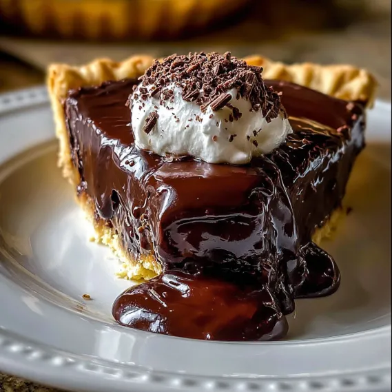 A slice of chocolate pie with whipped cream on top.