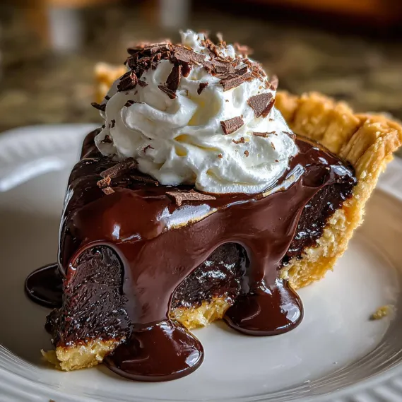 A slice of chocolate pie with whipped cream on top.