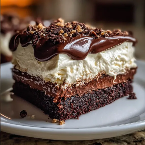 A slice of chocolate cake with chocolate drizzle on top.