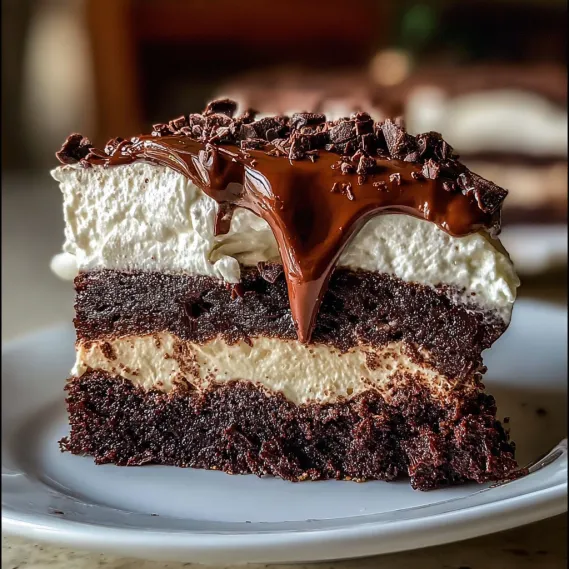 A slice of chocolate cake with chocolate icing.