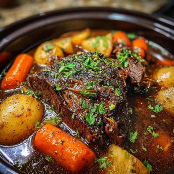 A pot of beef stew with carrots and potatoes.