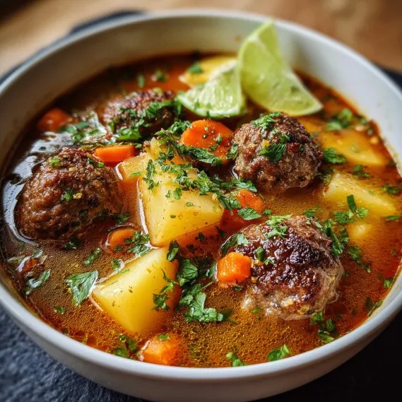 A bowl of soup with meatballs and vegetables.