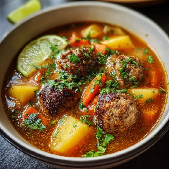 A bowl of soup with meatballs and carrots.