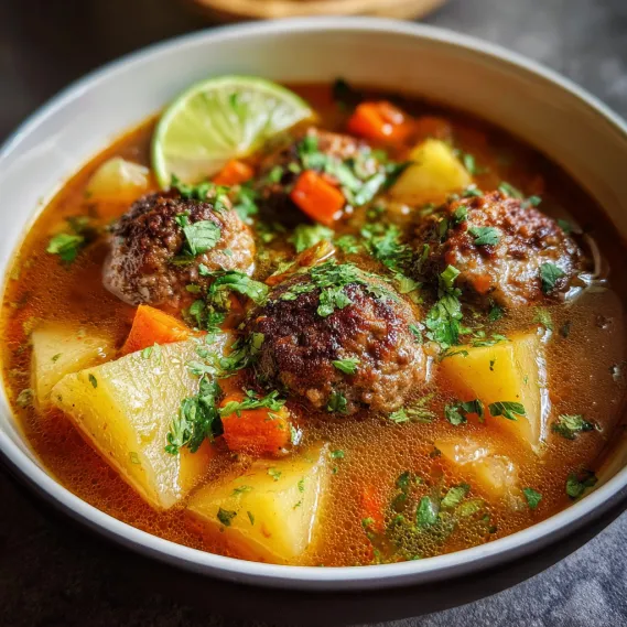 A bowl of soup with meatballs and vegetables.