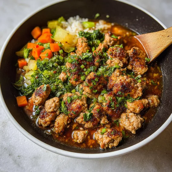 A bowl of food with meat and vegetables.