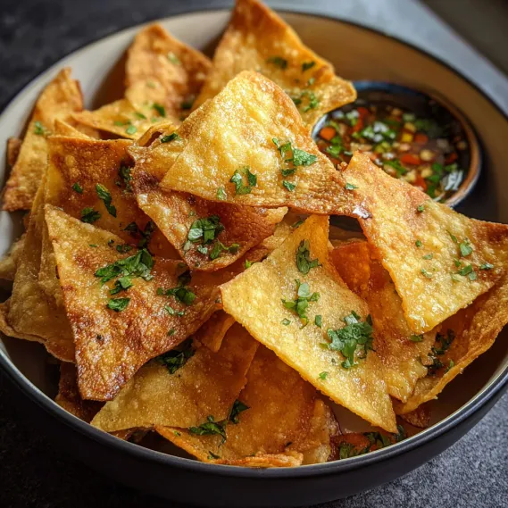 A bowl of chips with a dipping sauce.
