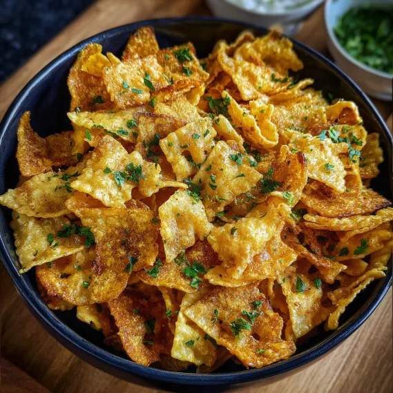 A bowl of chips with a green sauce.