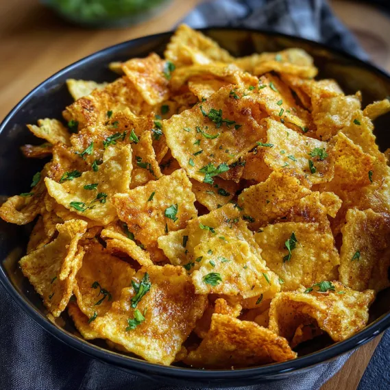 A bowl of chips with green and yellow toppings.