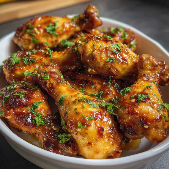 A bowl of chicken wings with sauce.