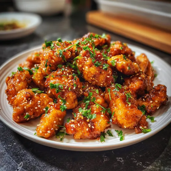 A plate of chicken with garnish.