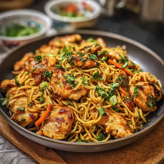 A plate of food with chicken and noodles.