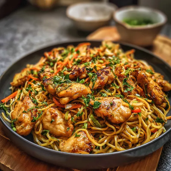 A plate of chicken and noodles.