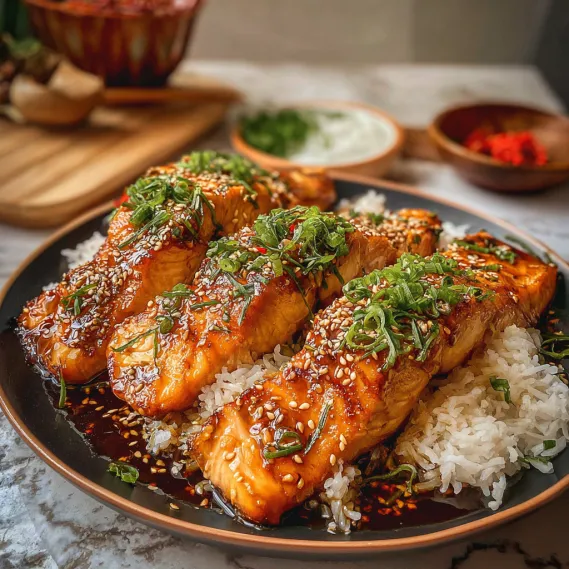 A plate of fish with rice and garnish.