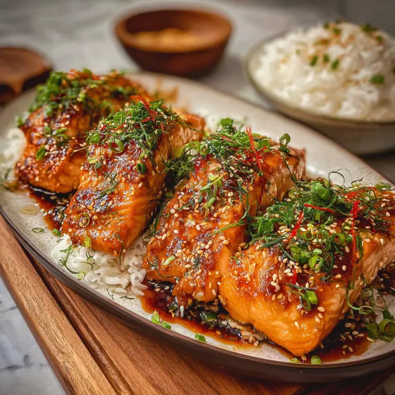 A plate of fish with rice and sauce.