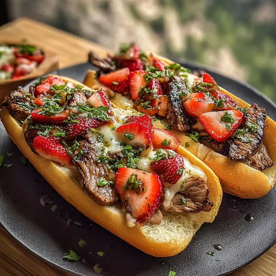 A plate of food with a sandwich and strawberries.